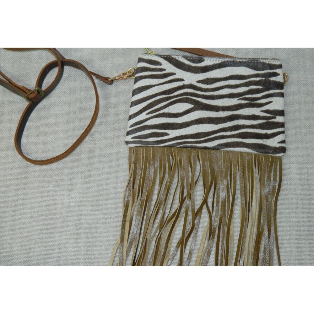 Crossbody Purse Bag Brown Zebra Cow Calf Hair Leather Fringe Crossbody USA - Picture 4 of 9